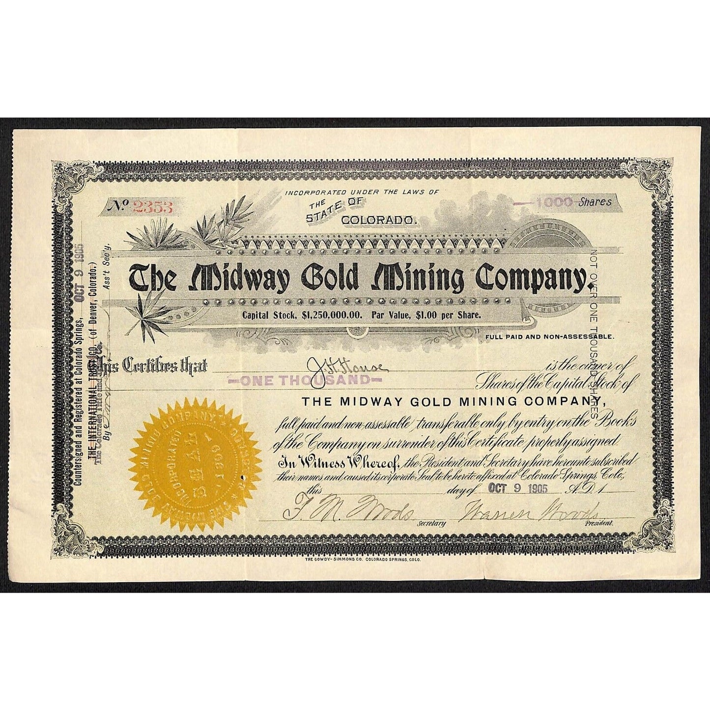 Midway Gold Mining Co. 1905 Stock Certificate w/ Warren Woods Sig. #2353