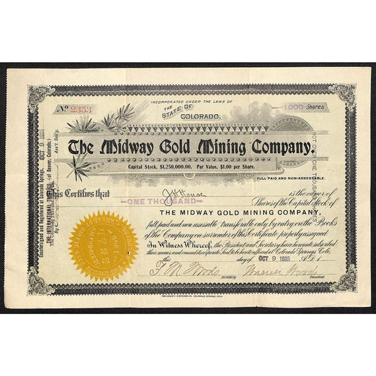 Midway Gold Mining Co. 1905 Stock Certificate w/ Warren Woods Sig. #2353