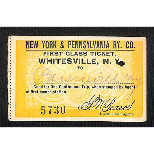 New York & Pennsylvania Ry 1917 "Large" First Class Ticket Whitesville #5730