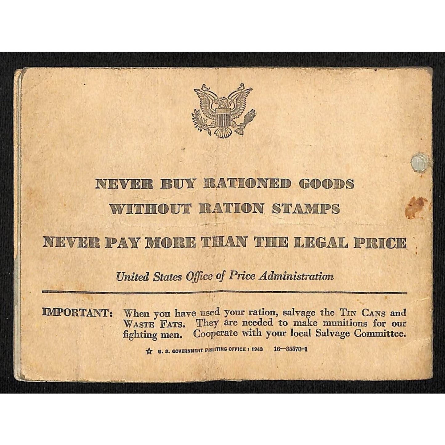 U.S. WWII War Ration Book Four Issued to a Chicago Resident c1943 #574639