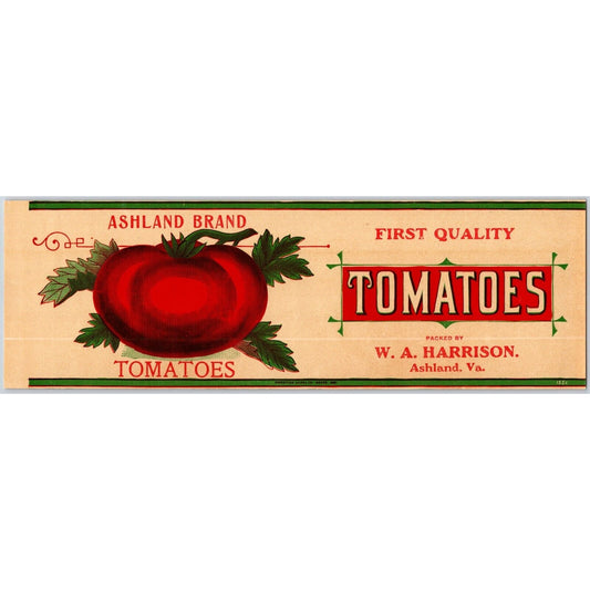Ashland Brand Tomatoes Paper Can Label W.A. Harrison Ashland, VA c1910's VGC
