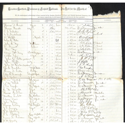 Hartford Providence Fishkill Railroad 1874 Pay Roll Sheet w/ 55 Signatures