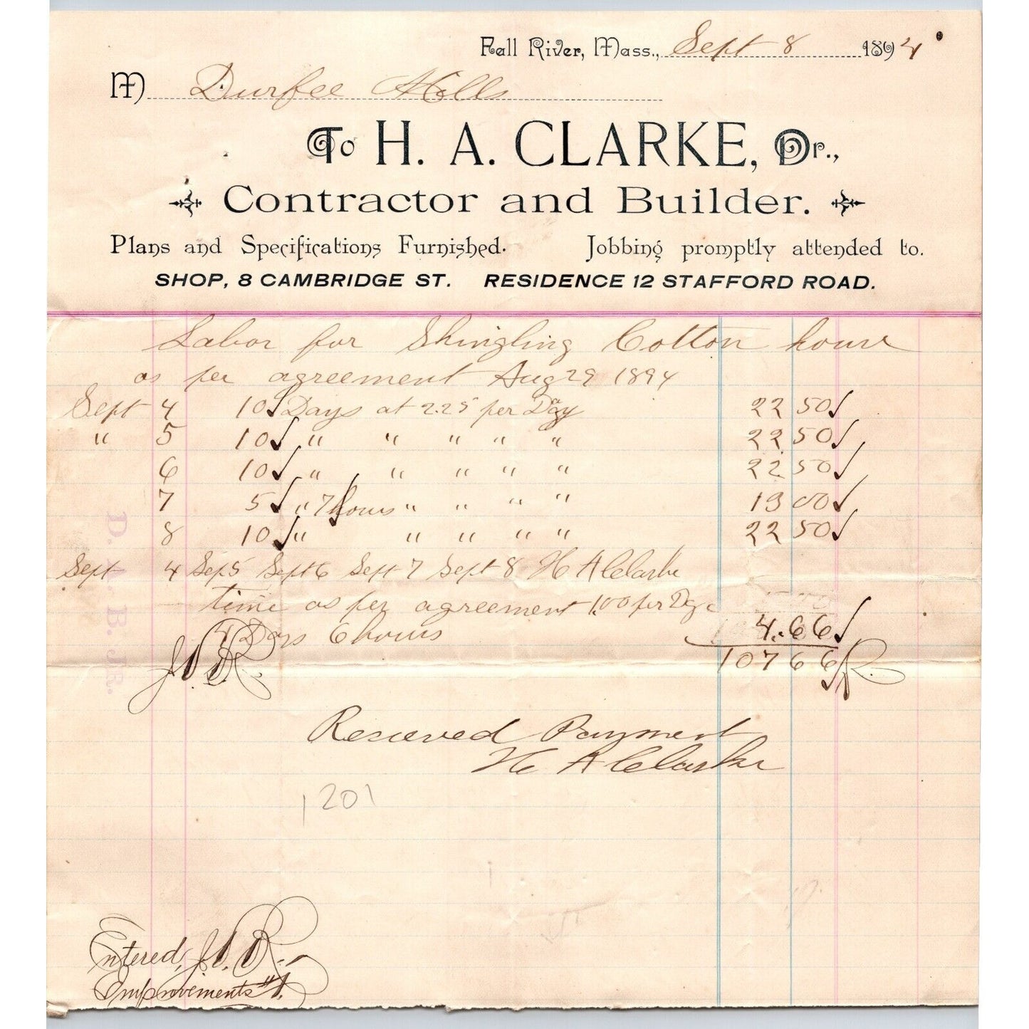 H.A. Clarke Contractor Builder Fall River, MA 1894 Billhead Durfee Mills VGC