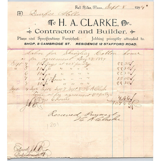 H.A. Clarke Contractor Builder Fall River, MA 1894 Billhead Durfee Mills VGC