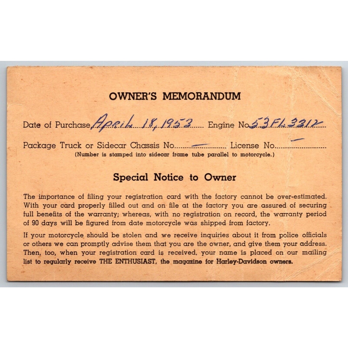 Harley Davidson 1953 Twin Cylinder Model Warranty Card