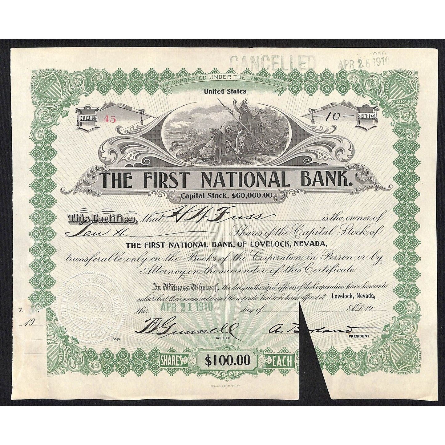 First National Bank of Lovelock, NV 1910 Stock Certificate to H.W. Fuss *