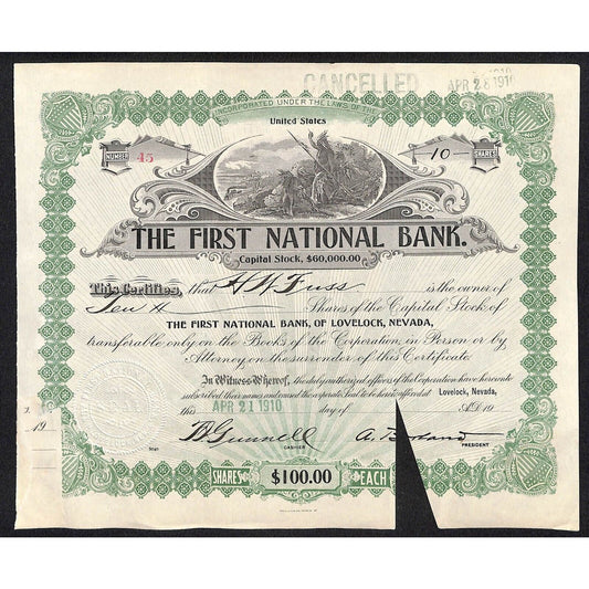 First National Bank of Lovelock, NV 1910 Stock Certificate to H.W. Fuss *