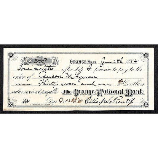 1884 Orange National Bank Orange, MA Promissory Note "Anson M. Lyman" (Lawyer)