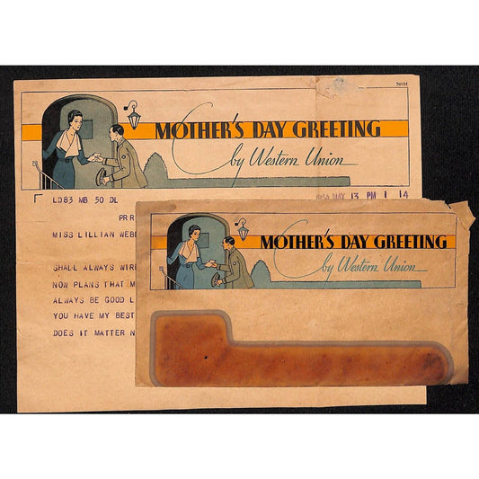 1934 Mother's Day Western Union Message Sheet / Cover Set Deco Scarce
