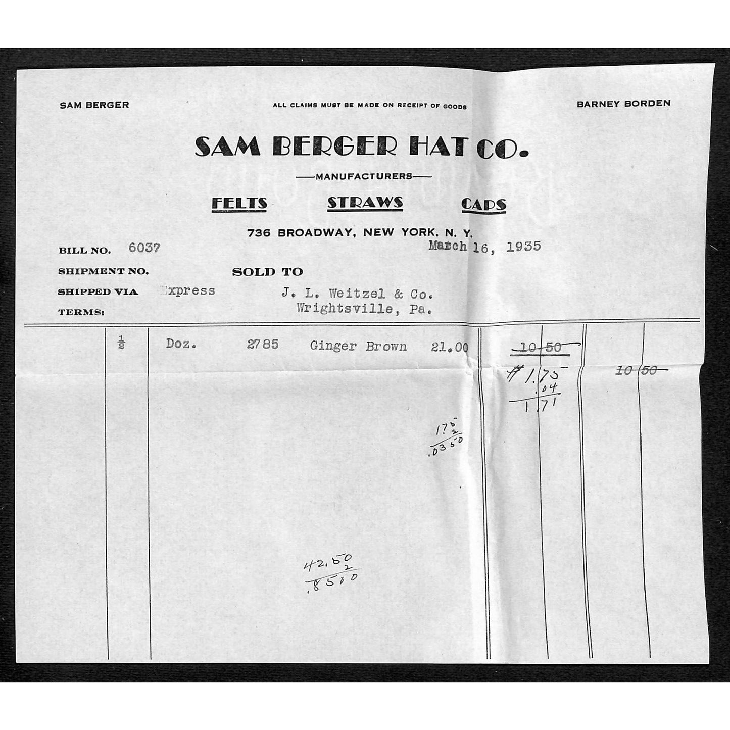 Sam Burger Hat Co. 736 Broadway NYC / Weitzel 1935 5 Billheads+ Cover