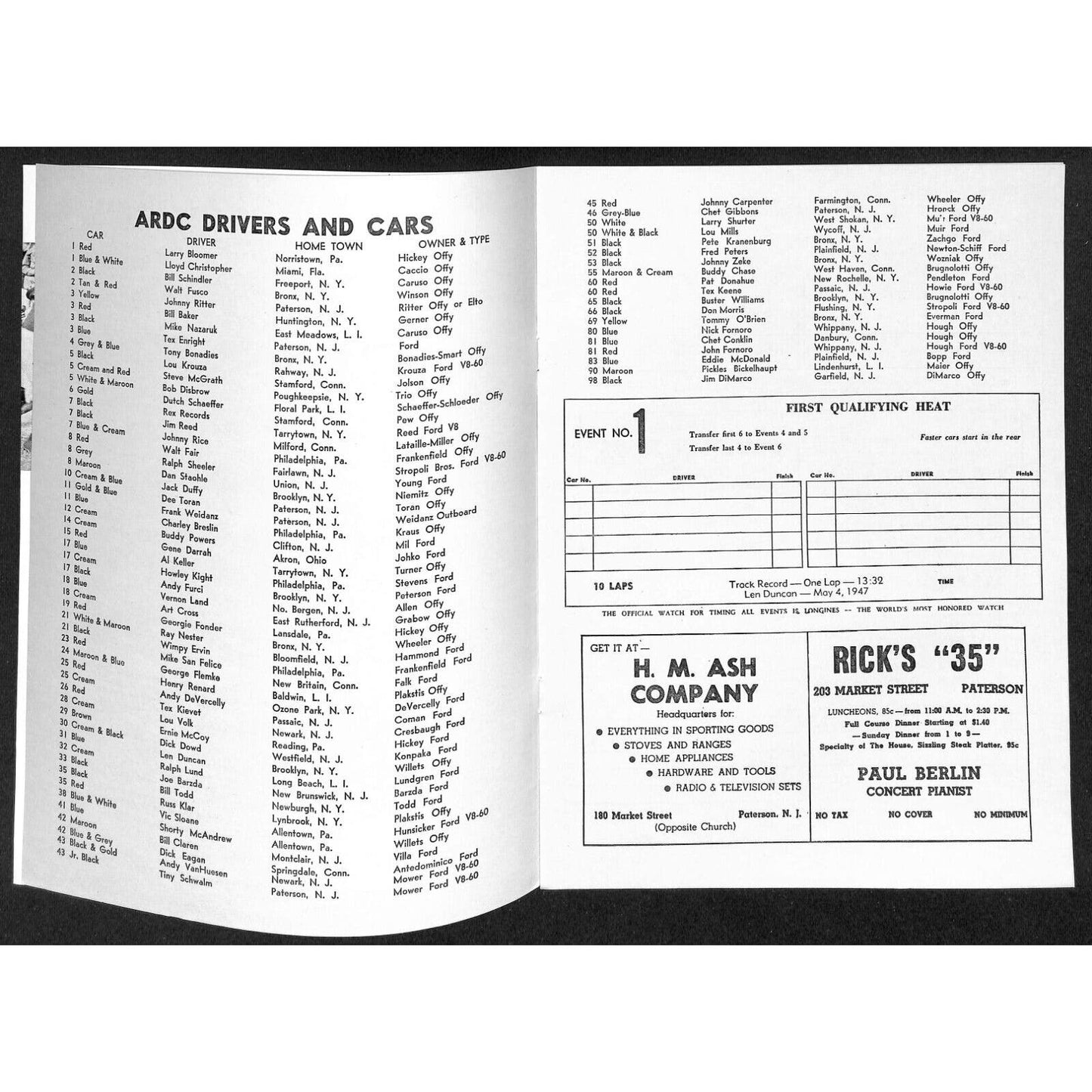 Hinchliffe Stadium Midget Auto Races 7/16 1948 Program Len Duncan 8p VGC Scarce