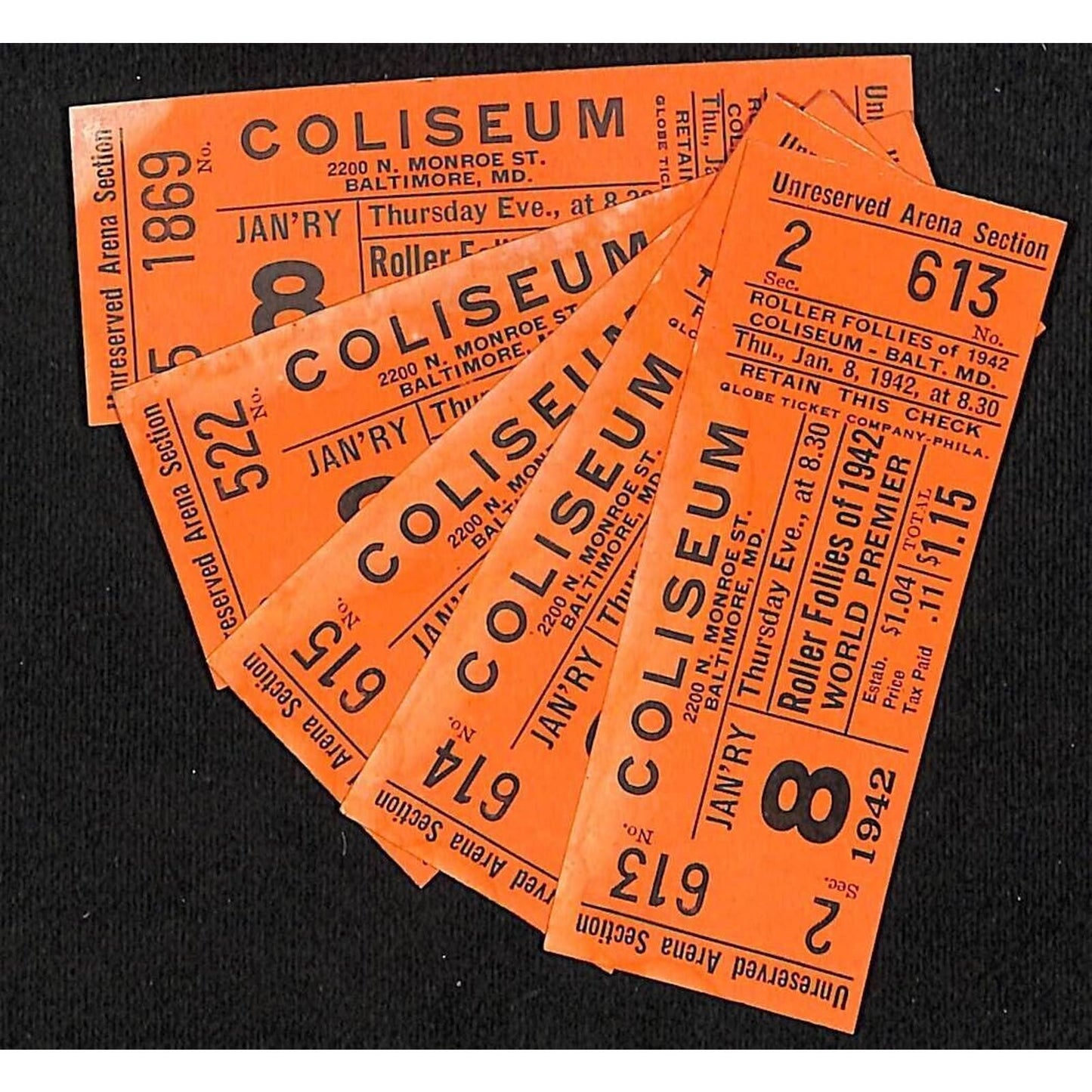 Baltimore Coliseum "Roller Follies of 1942 World Premier" 5 Tickets