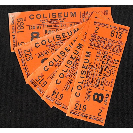 Baltimore Coliseum "Roller Follies of 1942 World Premier" 5 Tickets