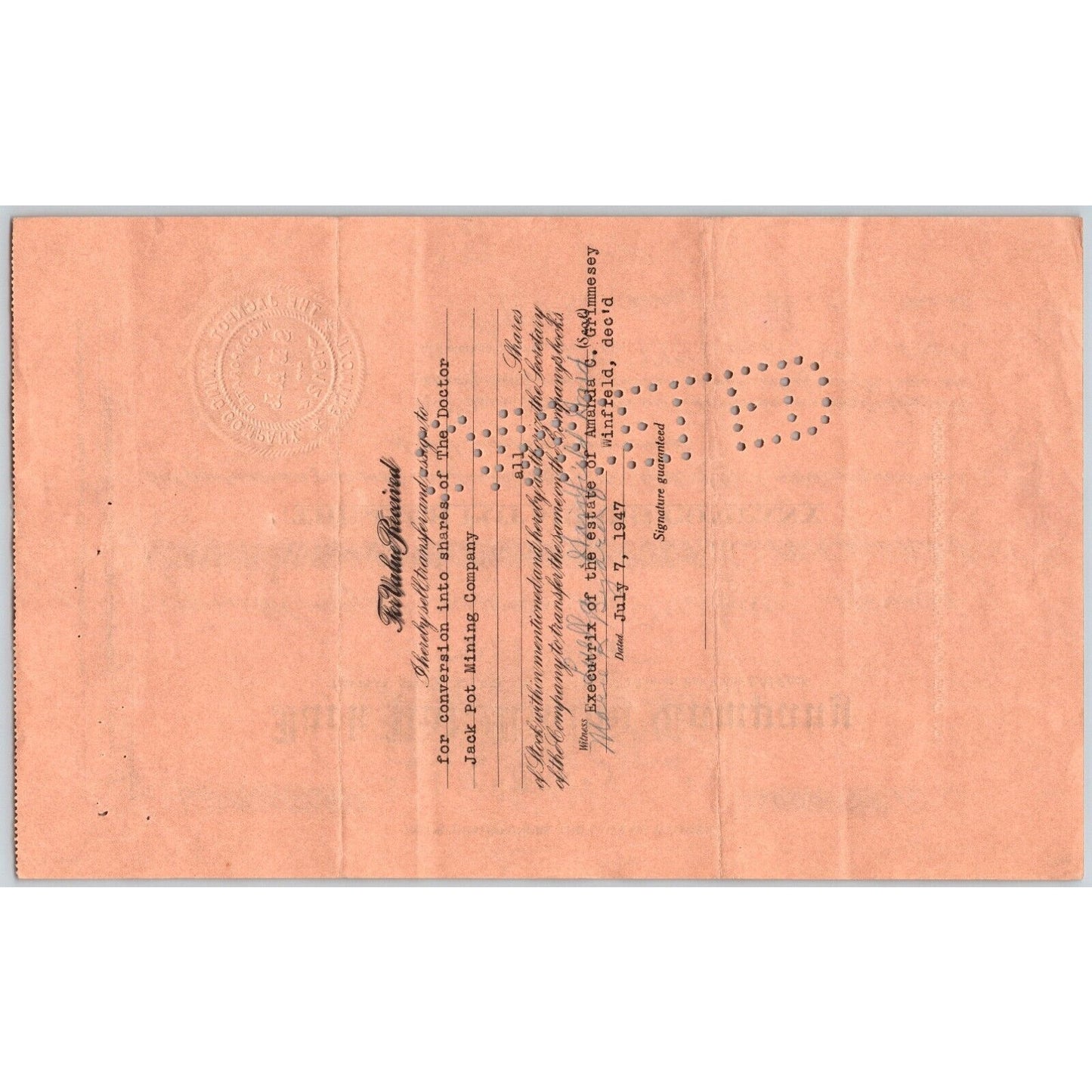 Jack Pot Mining Co. 1912 Stock Certificate Cripple Creek District #112