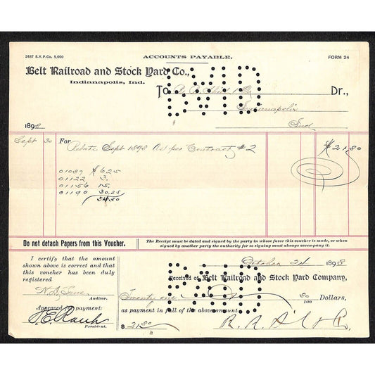 1898 Belt Railroad and Stock Yard Indianapolis Payment Voucher w/ Tax Stamp