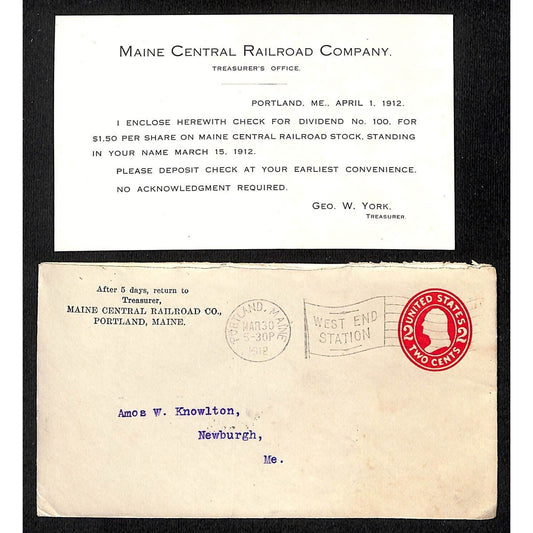 Maine Central Railroad Co. 1912 Dividend Notice Card / Ink Blotter? Knowlton*