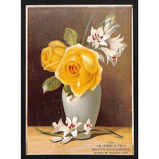 H. Lord & Co. Boots and Shoes Front St. Marietta, OH Victorian Trade Card Floral