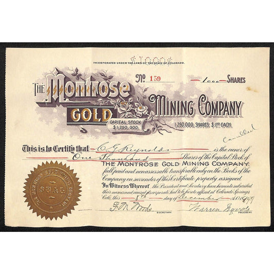 Montrose Gold Mining Co. 1899 Stock Certificate w/ Warren Woods Sig. #159