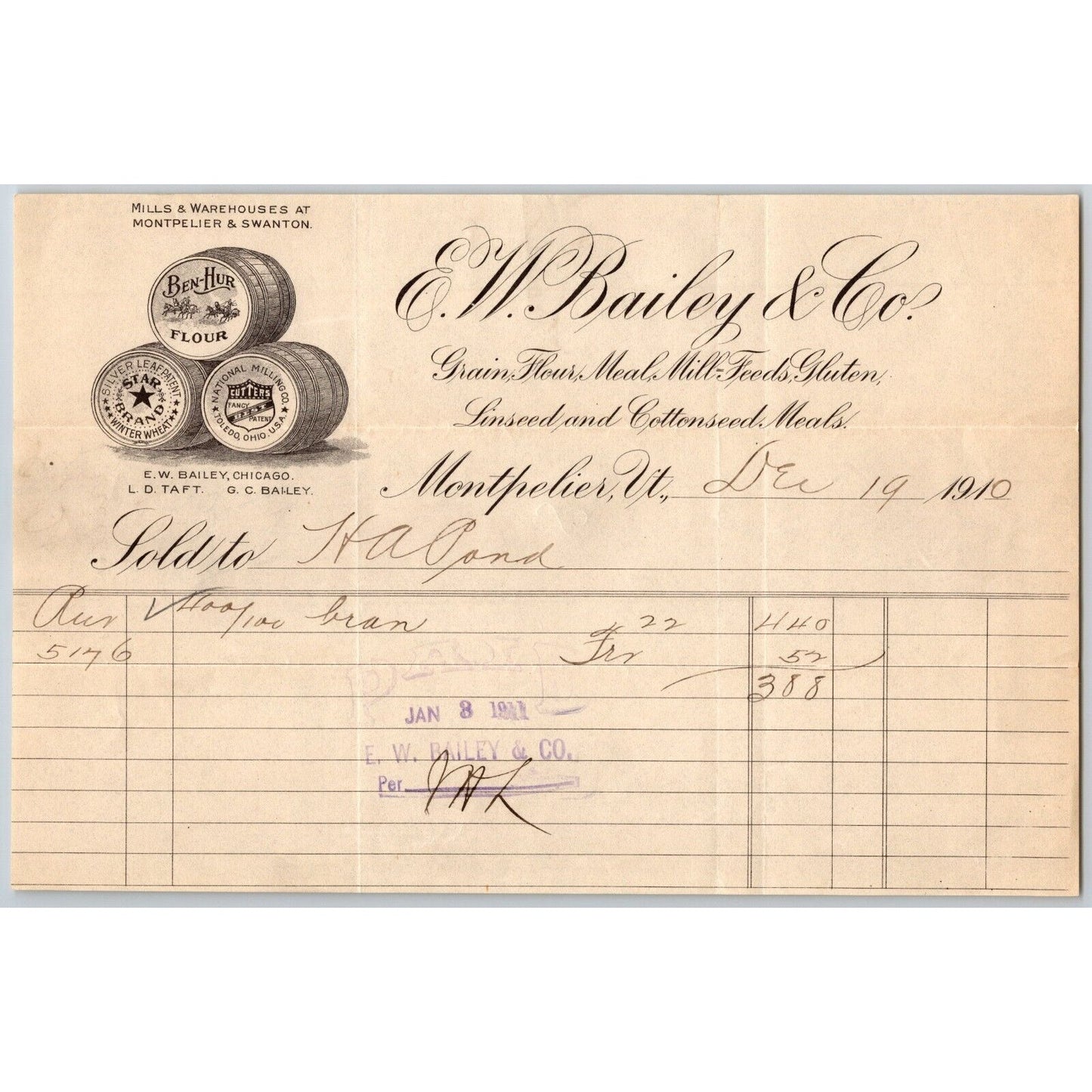 E.W. Bailey & Co. Grain Flour Mill Feeds Montpelier, VT 1910 Billhead Vignette