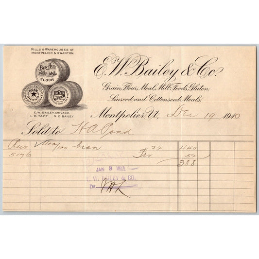 E.W. Bailey & Co. Grain Flour Mill Feeds Montpelier, VT 1910 Billhead Vignette