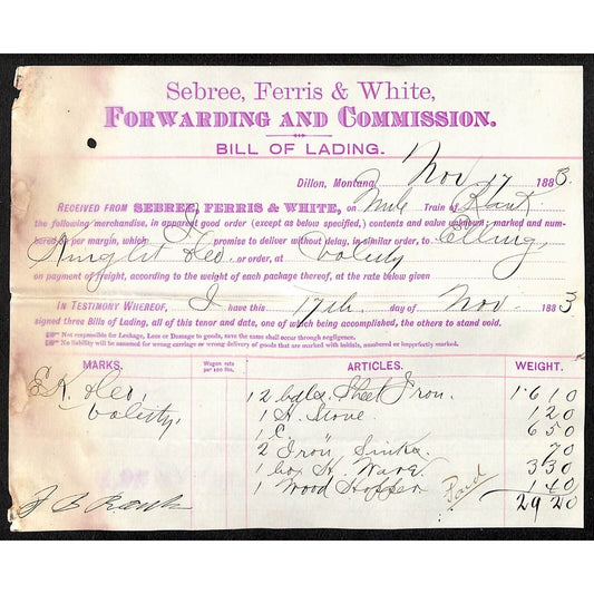 1883 Bill of Lading Sebree, Ferris Henry Elling* 1,610Lbs. 12 Bdls. Sheet Iron