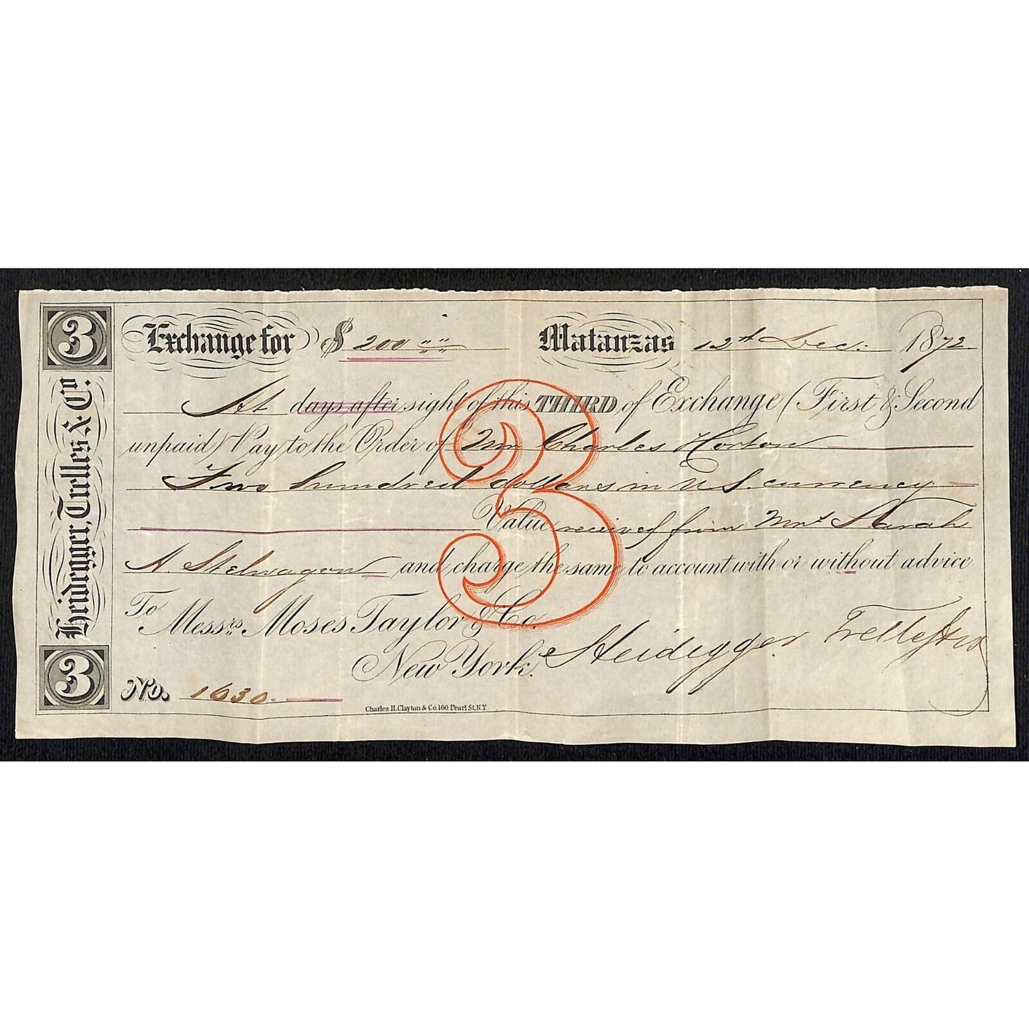 1872 "Third of Exchange" Certifictae $200 - Heidegger Trelles & Co. Matanzas