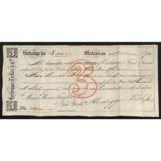 1872 "Third of Exchange" Certifictae $200 - Heidegger Trelles & Co. Matanzas
