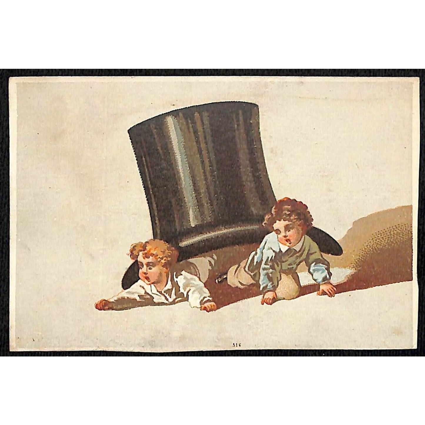 Victorian Trade Card / No Company / Kids Hide Under Top Hat Exaggerated