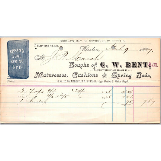 G.W. Bent Mattresses Cushions Spring Beds Boston 1887 Billhead w/ Vignette