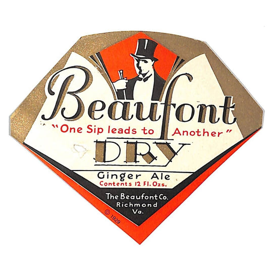 Beaufont Ginger Ale Paper Label Richmond, VA Top Hat Tux c1929 VGC