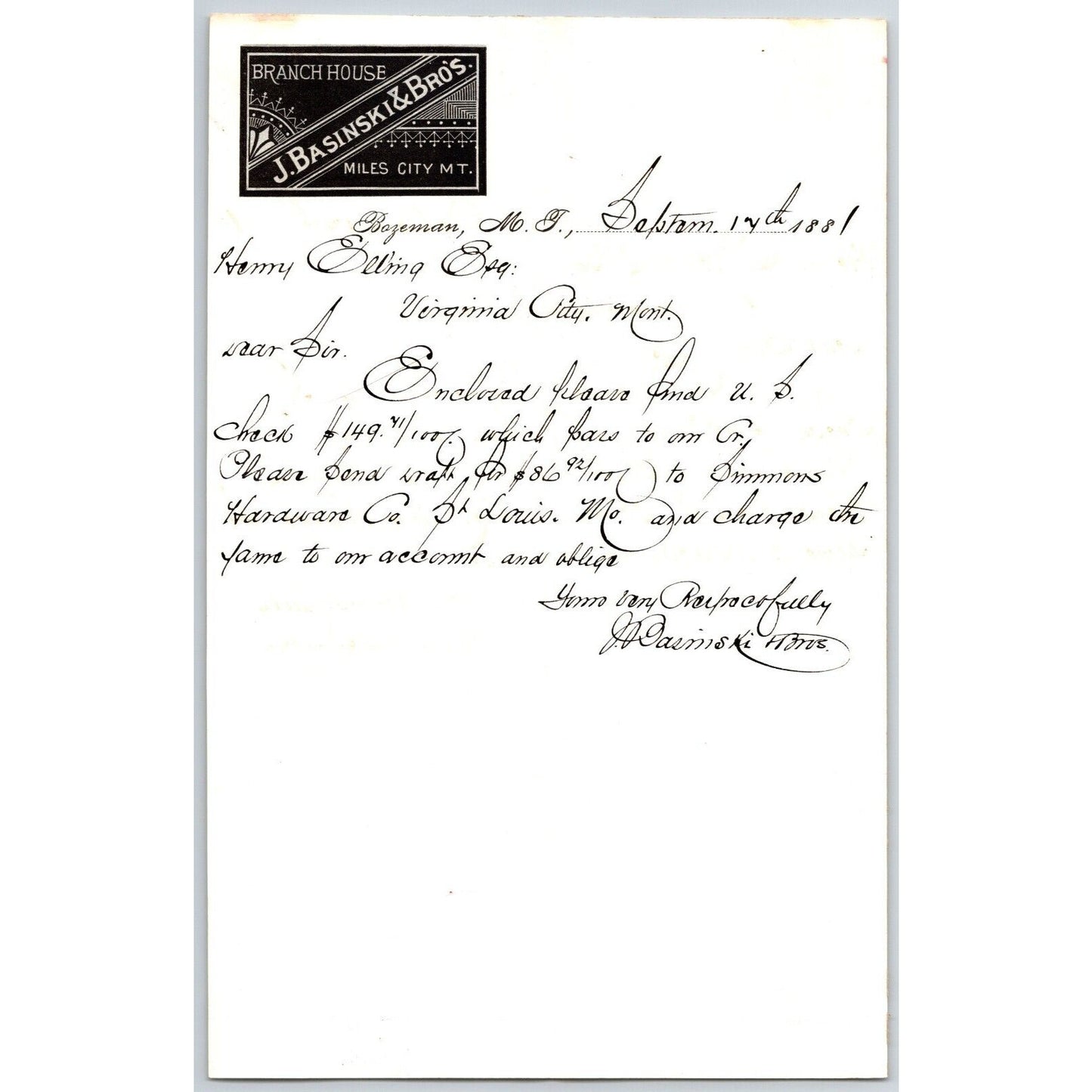 J. Basinski & Bros. Bozeman, MT (Dry Goods) 9/17 1881 Letterhead Henry Elling*