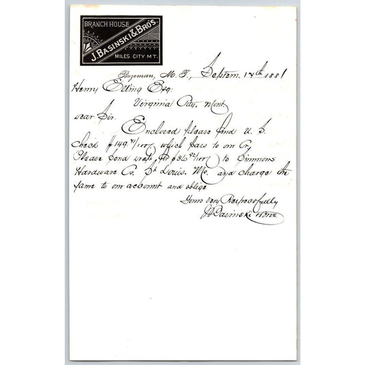 J. Basinski & Bros. Bozeman, MT (Dry Goods) 9/17 1881 Letterhead Henry Elling*