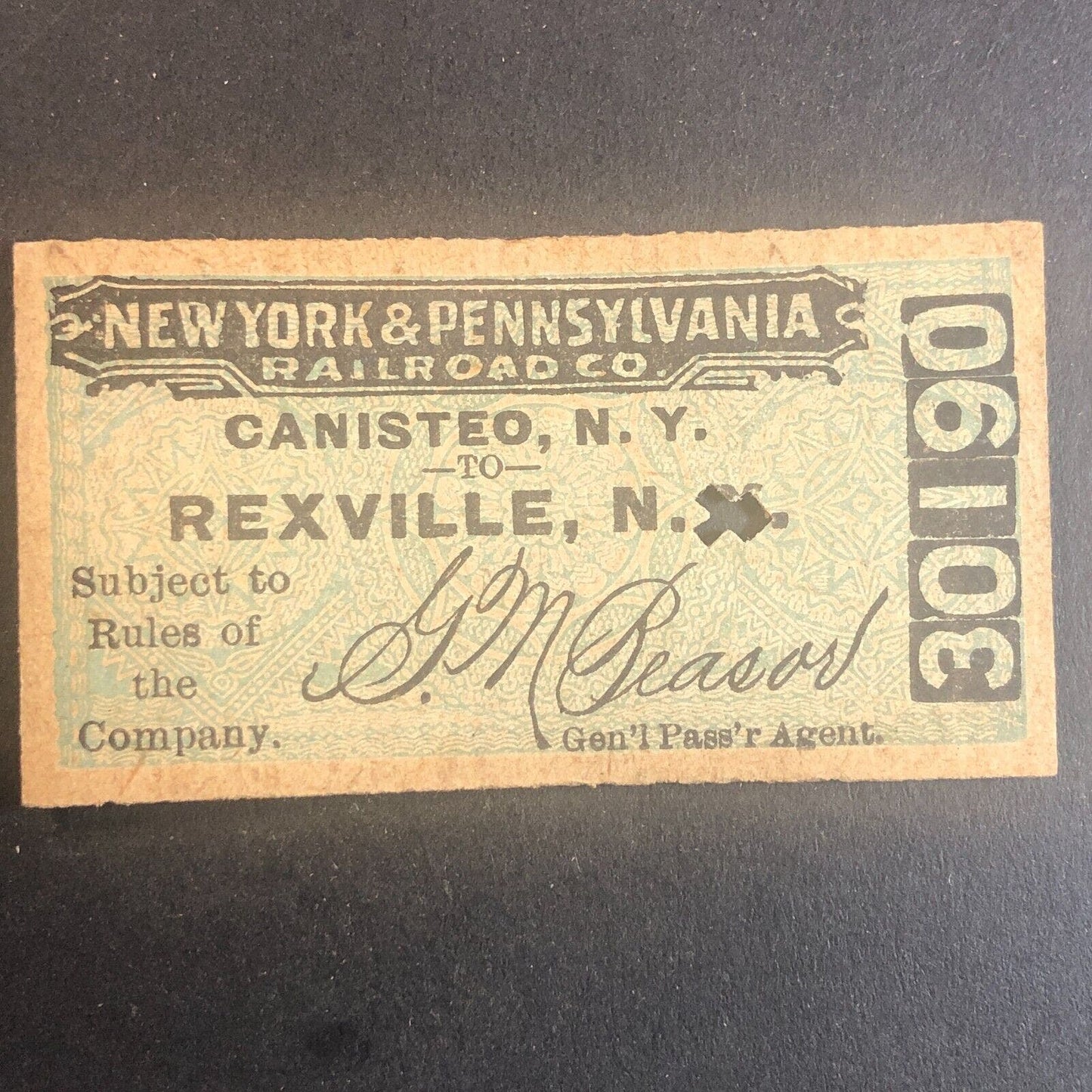 New York & Pennsylvania Railroad July 3 1917 Rexville, NY Ticket #30190