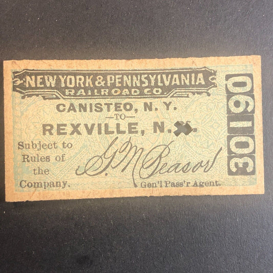 New York & Pennsylvania Railroad July 3 1917 Rexville, NY Ticket #30190
