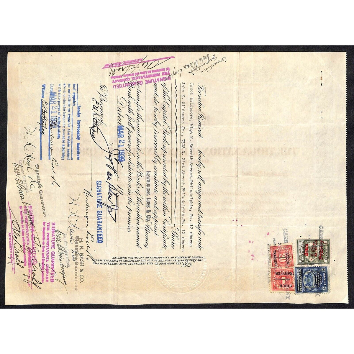 Tioga National Bank Trust Philadelphia 1929 Stock Certificate J.T. Van Sten Jr.