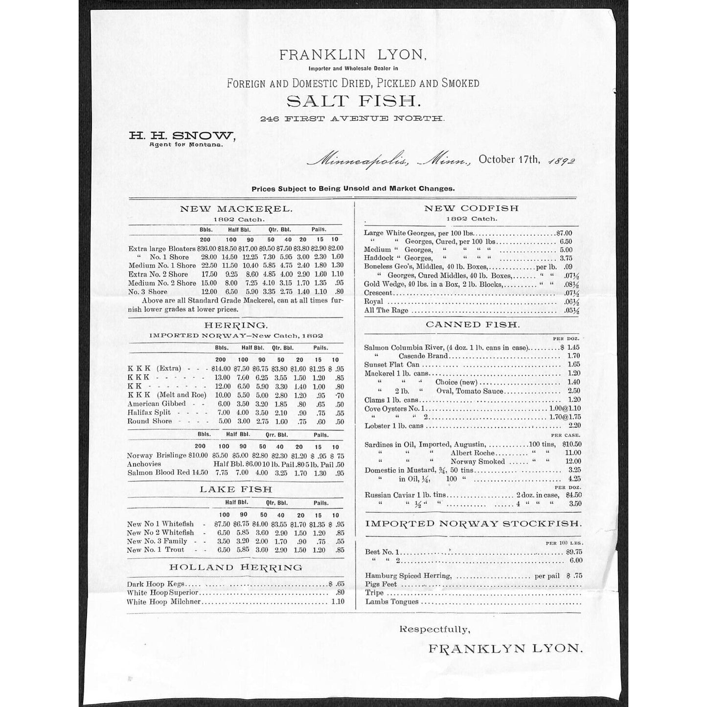 Frank Lyon Minneapolis Whsle. Dried Pickled Smoked Salt Fish 1892 Price Sheet