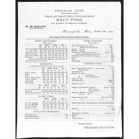 Frank Lyon Minneapolis Whsle. Dried Pickled Smoked Salt Fish 1892 Price Sheet
