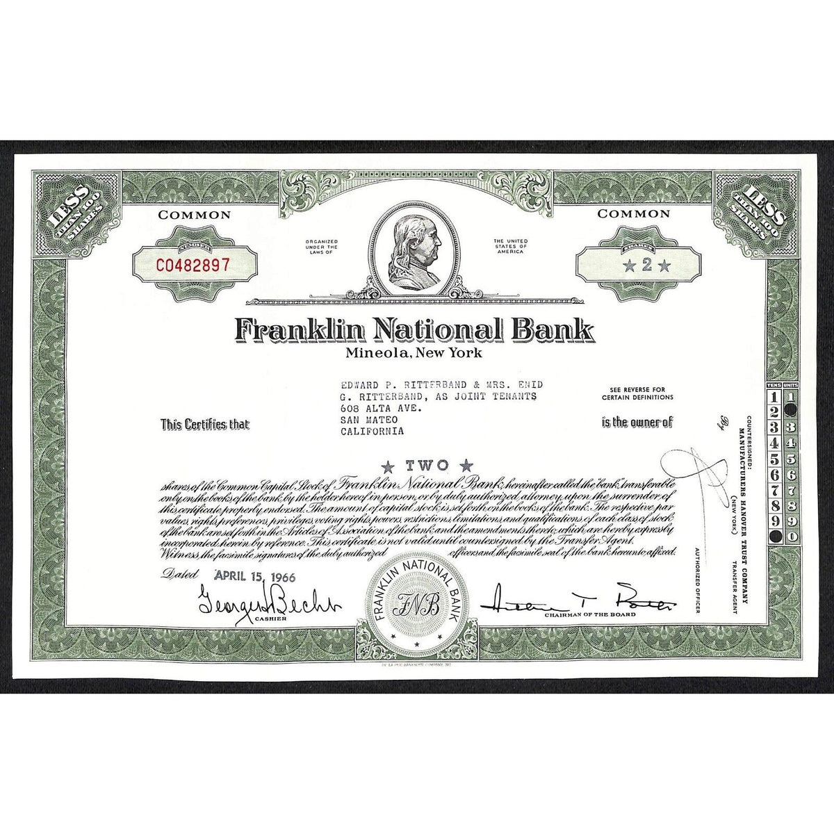The Franklin National Bank * NY 1966 Stock Certificate to Edward P. Ritterband