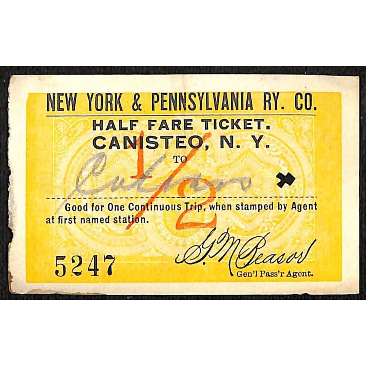 New York & Pennsylvania Railroad RY July 26 1917 Canisteo Half Fare Ticket #5247