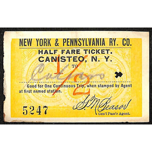 New York & Pennsylvania Railroad RY July 26 1917 Canisteo Half Fare Ticket #5247