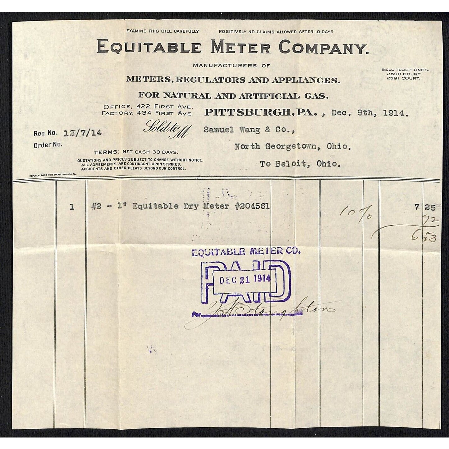 Equitable Meter Co. Pittsburg 1914 Billhead Samuel Wang* N. Georgetown OH