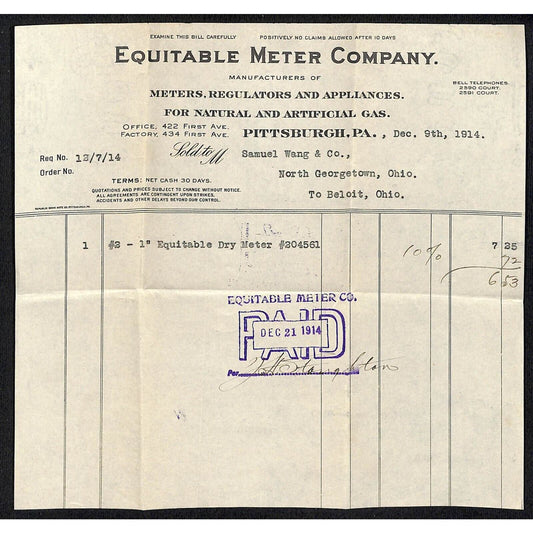 Equitable Meter Co. Pittsburg 1914 Billhead Samuel Wang* N. Georgetown OH
