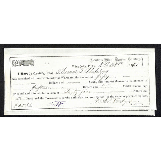 1870 Virginia City, MT Pair of Territorial Warrant Deposit Receipt Thom. Stevens