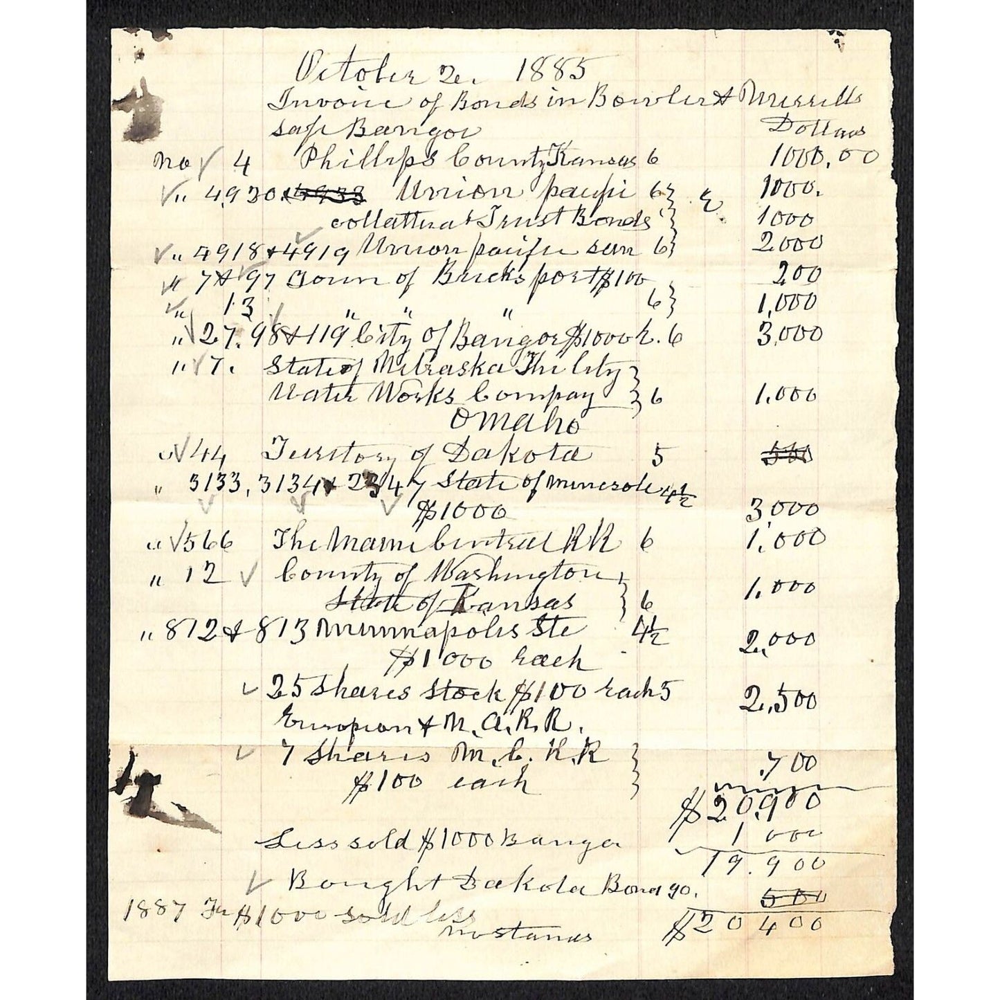 1885 (Knowlton*) Newburgh, ME "..Bonds in Bowbirt & Morrills ? Safe Bangor"