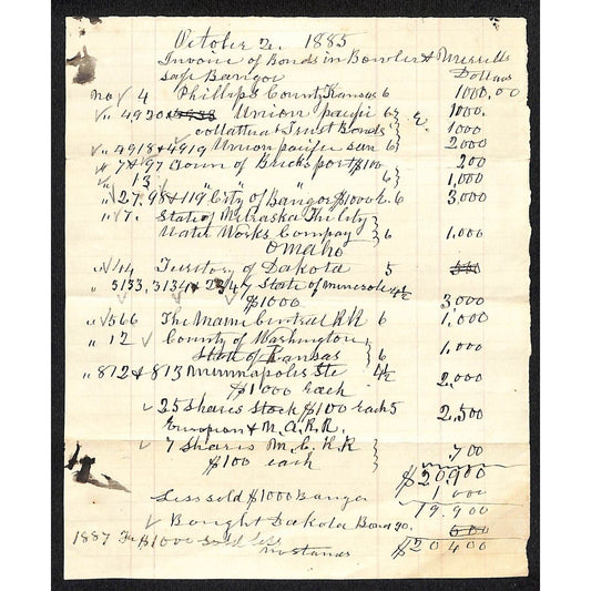 1885 (Knowlton*) Newburgh, ME "..Bonds in Bowbirt & Morrills ? Safe Bangor"