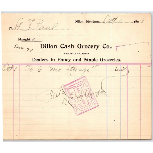Dillon, MT Dillon Cash Grocery Co Fancy Groceries Oct 1899 Billhead G.T. Paul*