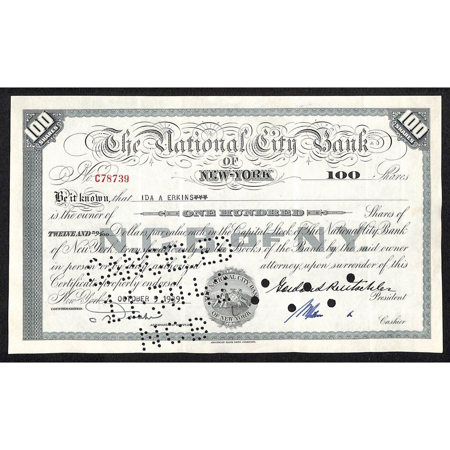 National City Bank of New York 1939 Stock Certificate Ida A. Erkins NCB of NY