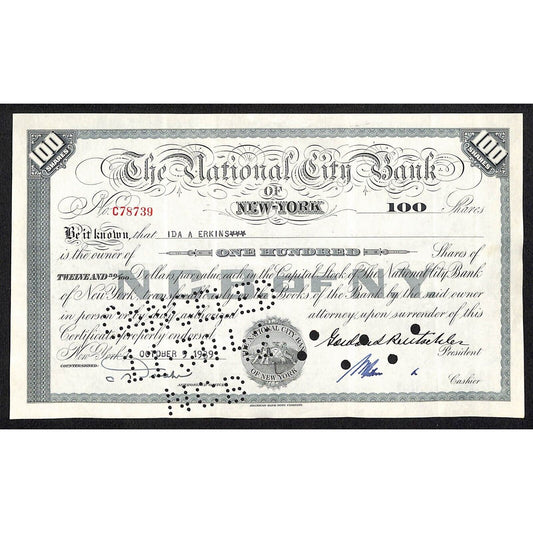 National City Bank of New York 1939 Stock Certificate Ida A. Erkins NCB of NY