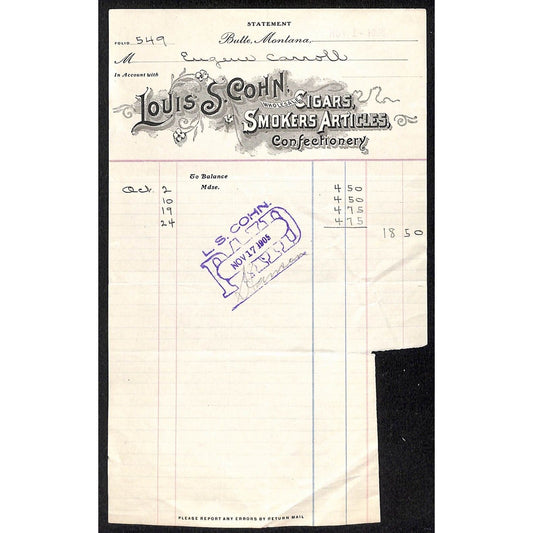 Louis S. Cohn Cigars Smokers Articles 1905 Butte, Montana Statement Billhead