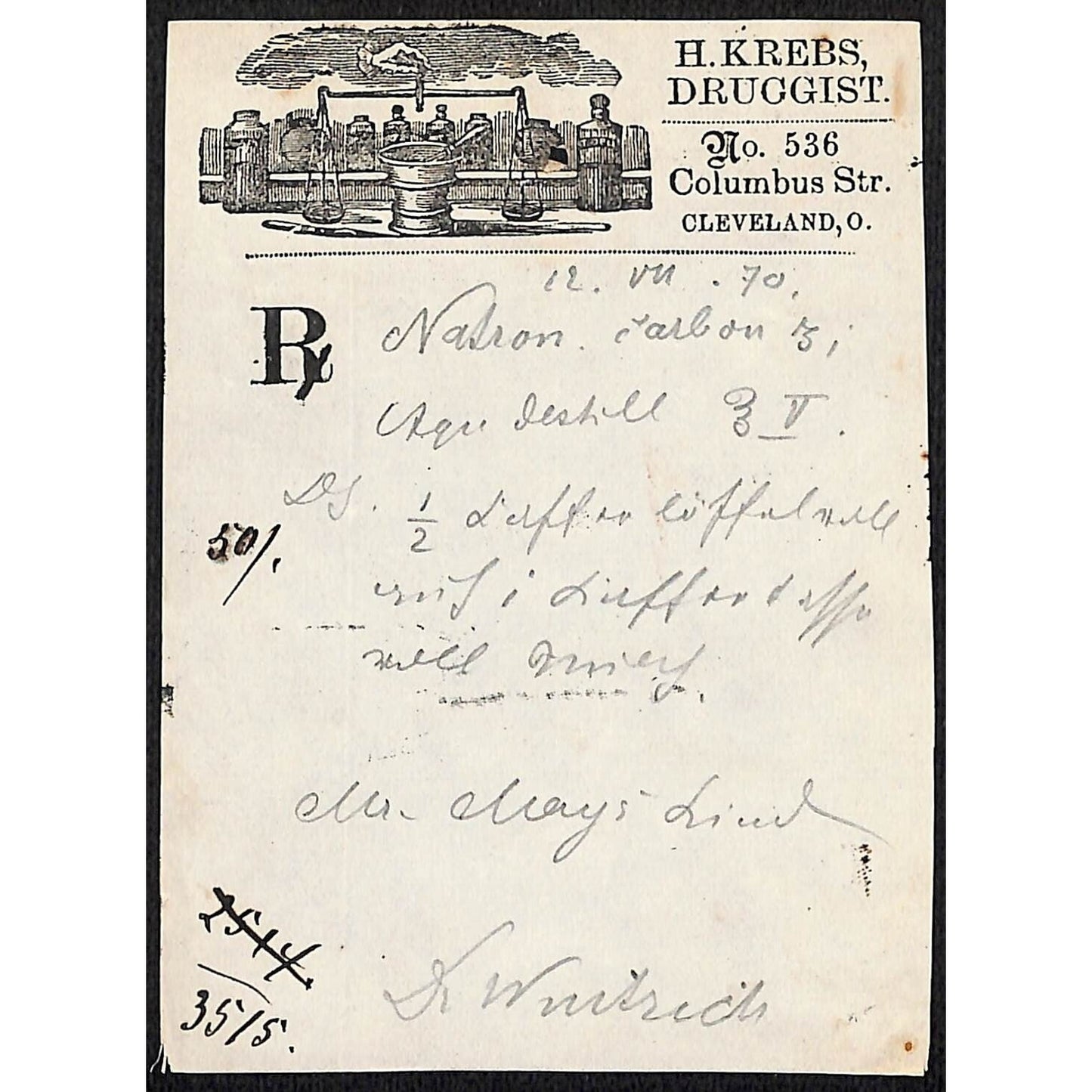 H. Krebs, Druggist Columbus St. Cleveland c1870's* Prescription #3515